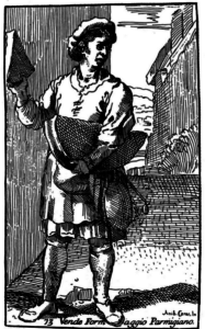 Parmesanverkäufer. Stich des Barockkünstlers Annibale Carracci (1646)